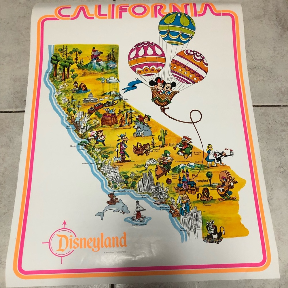 Vintage 1986 Disney California Map Art Poster